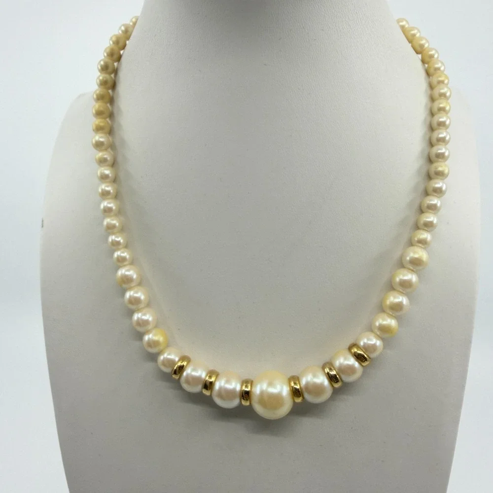 Classic Cream Faux Pearl Necklace with Gold-Tone Accents Statement Jewelry